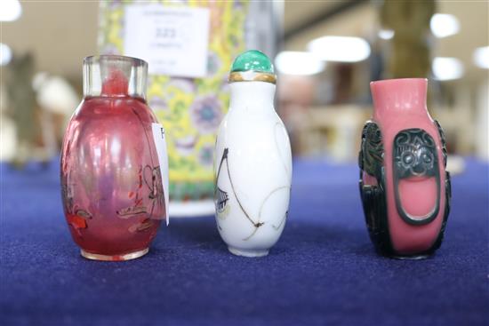 Three Chinese snuff bottles and a yellow ground Chinese vase